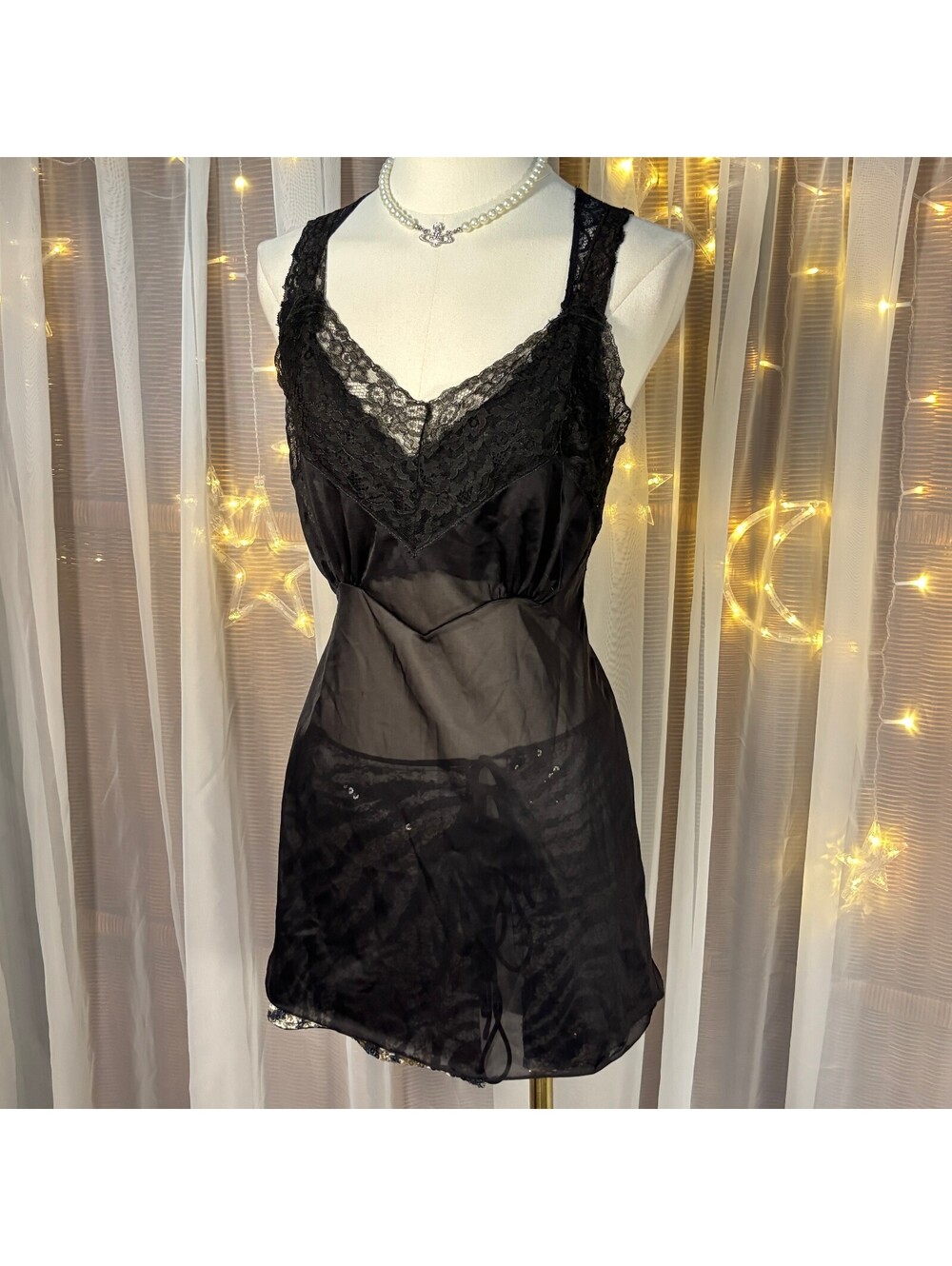 Vintage Black Lace Sheer Slip Dress Nightgown Chemise Lingerie Size M/L